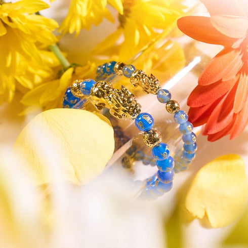 Mini Pixiu Feng Shui Armband | Wasserelement | Blauer Achat x 18 Karat Gold